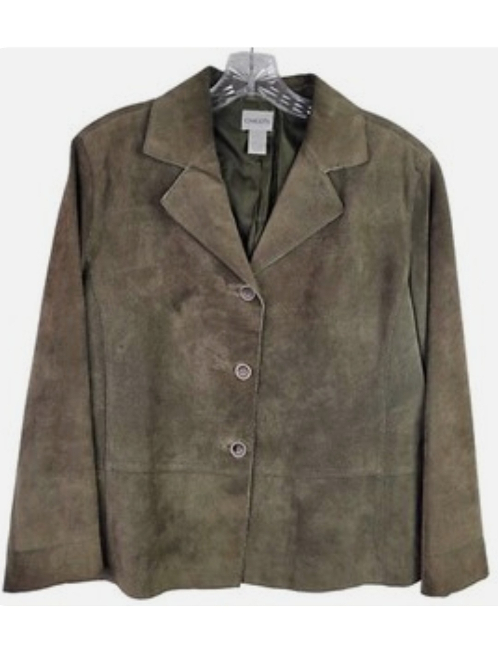 Chico's Olive Green Suede Three-Button Blazer Size 2 Fits L-XL Look at the Mesur